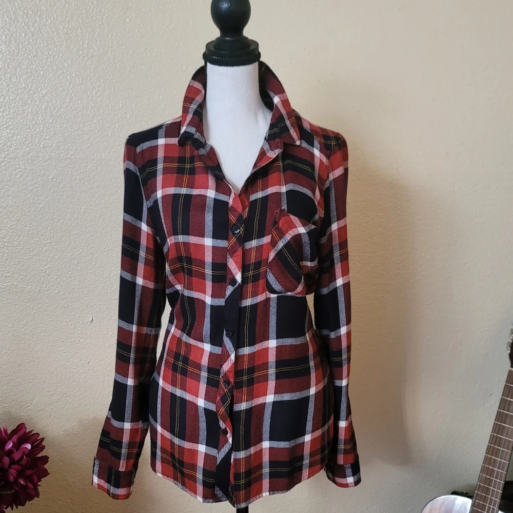 Fall Plaid Button Down Shirt - Orange, Black, White Size Medium Thanksgiving - Picture 9 of 9